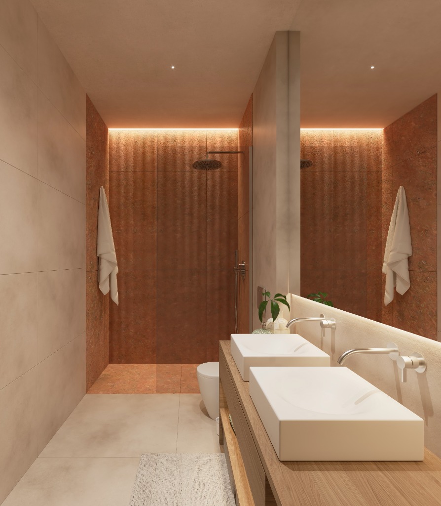 Baño principal de lujo en The Gem con acabados de mármol, ducha amplia y diseño minimalista contemporáneo