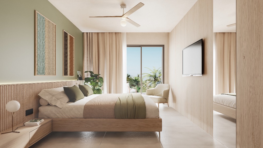 Dormitorio principal de The Gem con cama king size, decoración minimalista contemporánea, acabados premium y amplia iluminación natural